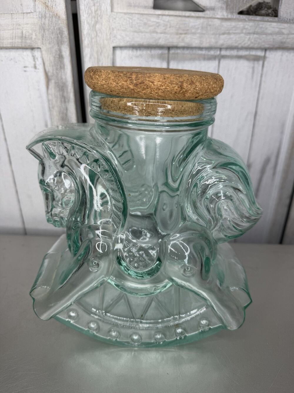 VTG Glass Rocking Horse Jar Canister Cork Lid Made in Italy Blue Green Glass